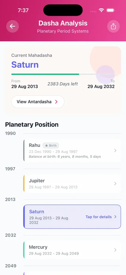 A Vimshottari dasha timeline on a phone