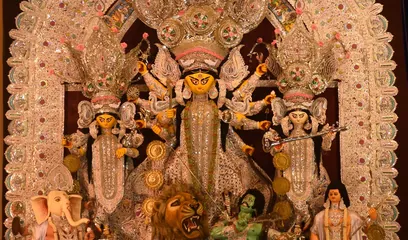 Durga Ashtami: a ten-armed Durga idol in a puja pandal