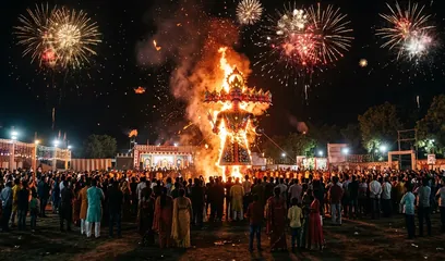 Dussehra: a Ravan effigy burning with fireworks before a crowd