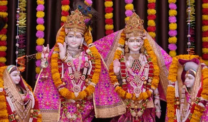 Govardhan Puja: Radha Krishna idols decorated with flowers in a temple