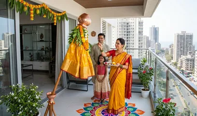 Gudi Padwa: a family raising a Gudi on a decorated balcony