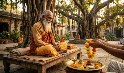 Guru Purnima: a sadhu seated under a banyan tree with offerings before him