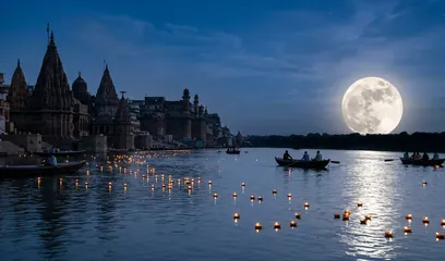 Magha Purnima: the full moon over river ghats lit with diyas