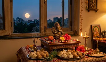 Sakat Chauth: a Ganesh idol with modak and a diya at moonrise