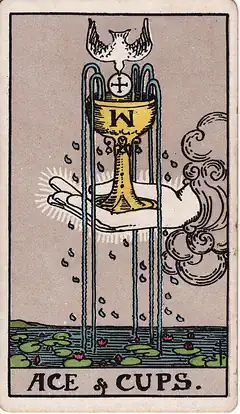 Ace of Cups. A hand comes out of a cloud holding an overflowing cup, a dove descending into it with a wafer, five streams falling to a lily pond.