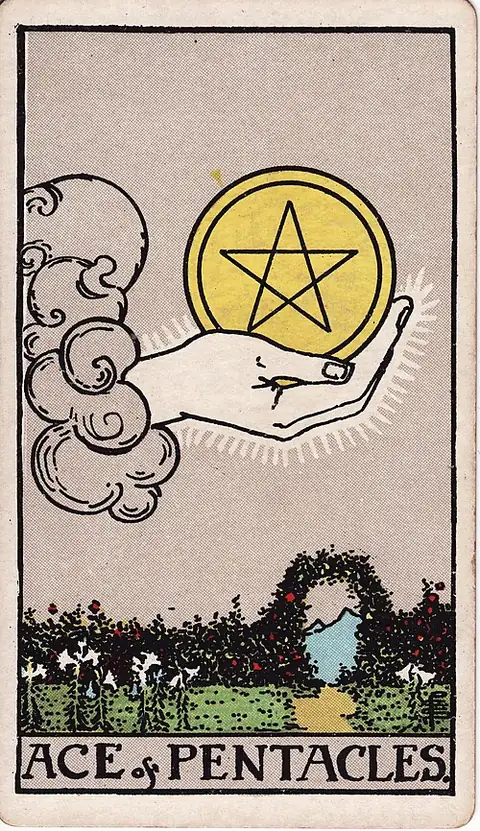 Ace of Pentacles reversed. A hand comes out of a cloud holding a large gold coin marked with a pentacle, over a walled garden of lilies and an arched gate.