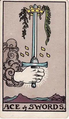 Ace of Swords. A hand comes out of a cloud gripping an upright sword crowned with a wreath and two branches, over jagged mountains.