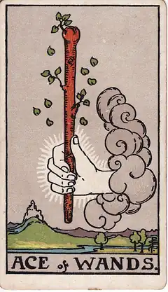 Ace of Wands. A hand comes out of a cloud gripping a sprouting wooden staff, leaves falling from it, with a castle on a hill in the distance.