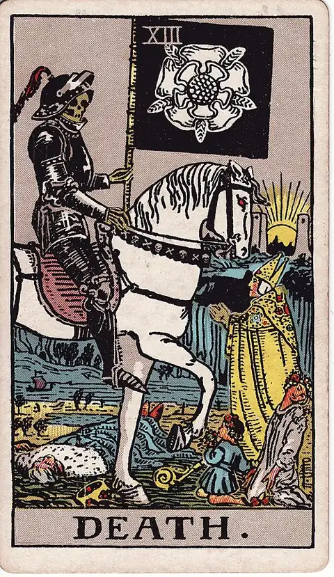 Death reversed. An armoured skeleton rides a white horse past a fallen king, a bishop, a woman and a child, carrying a black flag with a white rose, with the sun rising between two towers.