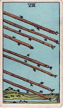 Eight of Wands. Eight staves fly through clear sky over open country and a river, level and almost landed.