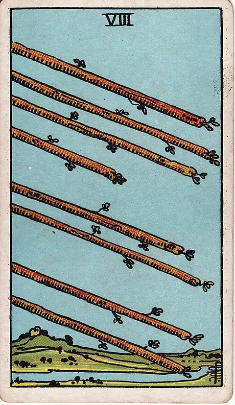 Eight of Wands. Eight staves fly through clear sky over open country and a river, level and almost landed.