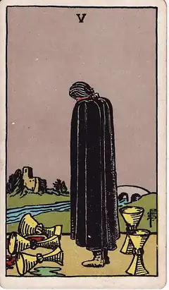 Five of Cups. A cloaked figure looks down at three spilled cups, not seeing the two still standing behind, with a bridge and a house across the river.