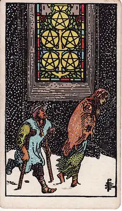Five of Pentacles. Two beggars, one on crutches, trudge through snow past a lit stained-glass window with five pentacles in it.