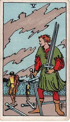 Five of Swords. A smirking man gathers up swords while two figures walk away with their backs turned under a ragged sky.