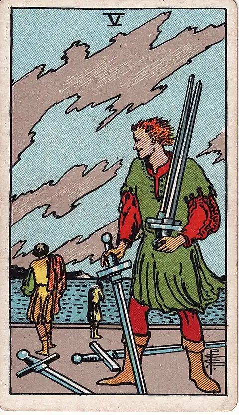 Five of Swords. A smirking man gathers up swords while two figures walk away with their backs turned under a ragged sky.