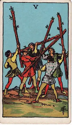 Five of Wands. Five young men brandish staves at each other in a scrappy, unserious brawl, none of them landing a blow.