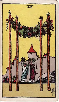 Four of Wands. Four staves carry a garland of flowers like a canopy, with two figures raising bouquets beneath it and a castle behind.