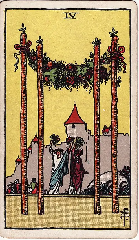 Four of Wands. Four staves carry a garland of flowers like a canopy, with two figures raising bouquets beneath it and a castle behind.