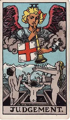 Judgement. An angel blows a trumpet from the clouds and grey figures rise with arms raised from open coffins on the water below.