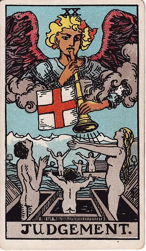 Judgement. An angel blows a trumpet from the clouds and grey figures rise with arms raised from open coffins on the water below.