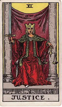 Justice. A crowned figure sits between two pillars with an upright sword in the right hand and level scales in the left.