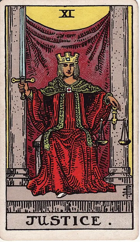 Justice. A crowned figure sits between two pillars with an upright sword in the right hand and level scales in the left.
