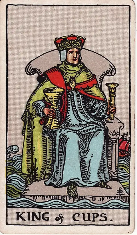 King of Cups. A crowned king sits on a throne afloat on rough sea, a cup in one hand and a sceptre in the other, a fish leaping behind.