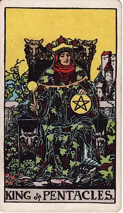 King of Pentacles. A crowned king in a robe of vines sits on a throne carved with bulls, a pentacle in his lap and a castle behind.
