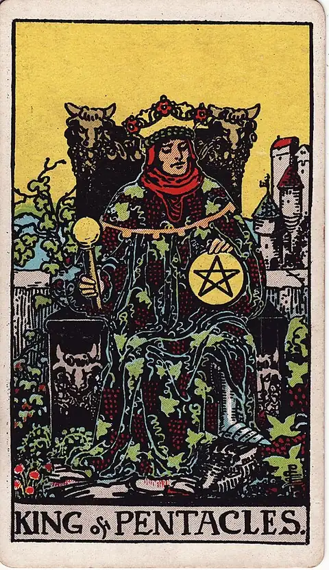 King of Pentacles. A crowned king in a robe of vines sits on a throne carved with bulls, a pentacle in his lap and a castle behind.