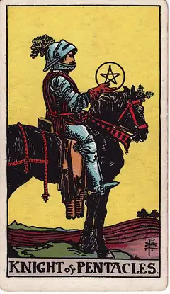 Knight of Pentacles. An armoured knight sits still on a heavy black carthorse, holding out a pentacle, ploughed fields behind.