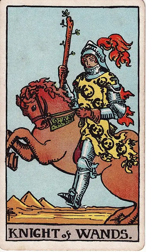 Knight of Wands. An armoured knight on a rearing horse charges with a sprouting staff, plumes flying, pyramids behind.