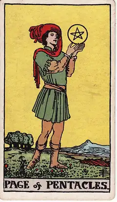 Page of Pentacles. A young figure in a green field holds up a single pentacle in both hands, studying it.