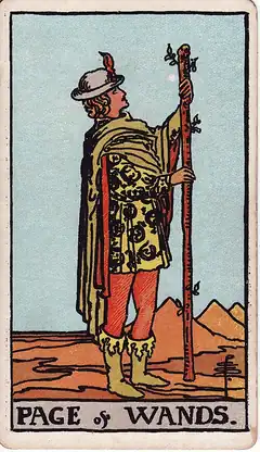 Page of Wands. A young figure in a patterned tunic stands in a desert holding a sprouting staff, looking up at it.