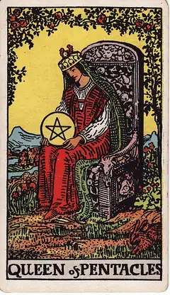 Queen of Pentacles. A crowned woman sits in a bower of roses looking down at a pentacle held in her lap, a rabbit in the grass beside her.