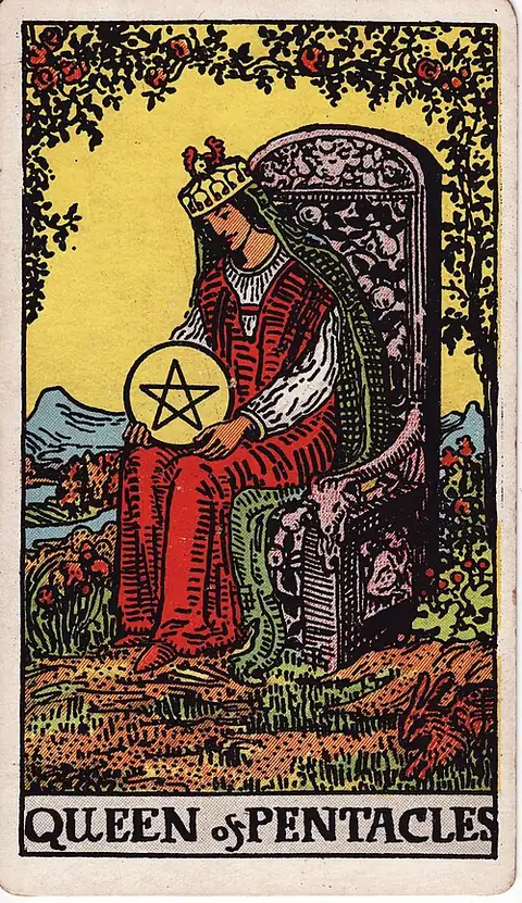 Queen of Pentacles. A crowned woman sits in a bower of roses looking down at a pentacle held in her lap, a rabbit in the grass beside her.