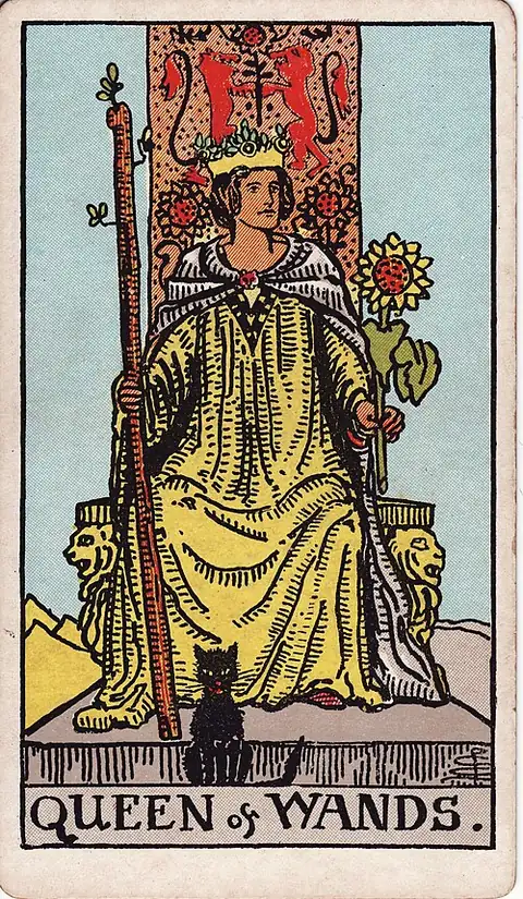Queen of Wands. A crowned woman sits facing forward with a sprouting staff in one hand and a sunflower in the other, a black cat at her feet.