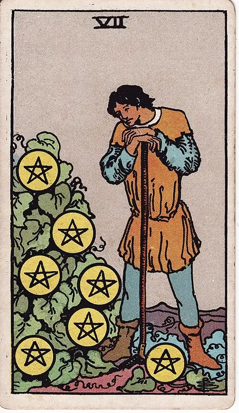 Seven of Pentacles. A young man leans on his hoe looking at seven pentacles growing on a leafy bush.