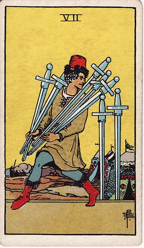 Seven of Swords reversed. A man creeps away from a camp carrying five swords, glancing back at the two left standing in the ground.