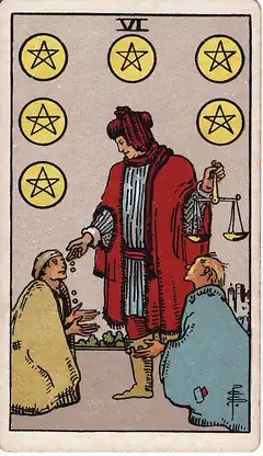 Six of Pentacles. A merchant holds a level pair of scales and drops coins into the hands of two kneeling beggars.