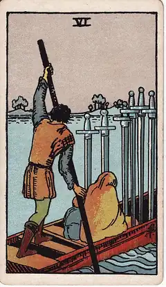 Six of Swords. A ferryman poles a boat carrying a huddled woman and child across still water, six swords standing in the hull.
