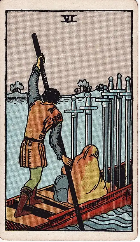 Six of Swords. A ferryman poles a boat carrying a huddled woman and child across still water, six swords standing in the hull.
