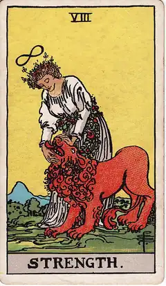 Strength. A woman in white, a lemniscate over her head, calmly closes the jaws of a lion with her bare hands.
