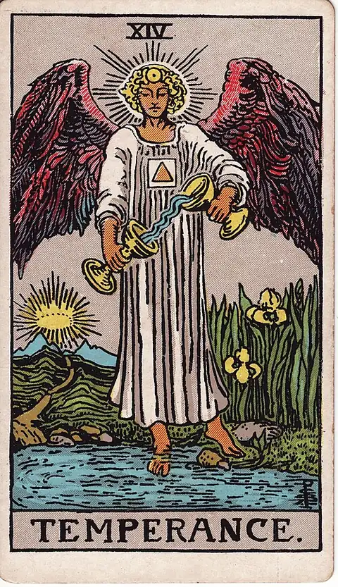 Temperance. A winged figure stands with one foot on land and one in a pool, pouring liquid between two cups, with irises and a path to a crowned mountain behind.