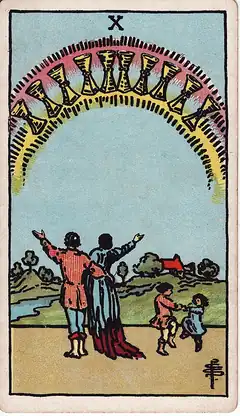 Ten of Cups. A couple stand with arms raised beside two dancing children, a rainbow of ten cups arched over their house.