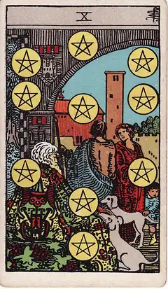 Ten of Pentacles. An old man with two white dogs watches a couple and a child under an archway, ten pentacles laid out across the scene.