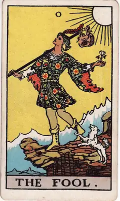 The Fool. A young traveller steps off a cliff edge in the morning sun, a white rose in one hand and a small bundle on a stick over the shoulder, with a little white dog leaping at the heels.