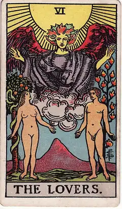 The Lovers. A naked man and woman stand under a great winged angel, a flaming tree behind him and a serpent in the apple tree behind her.
