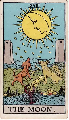 The Moon. A moon with a face drips dew over a path running between two towers, a dog and a wolf howling below and a crayfish crawling out of the water.