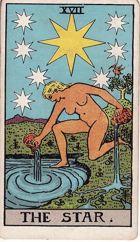 The Star. A naked woman kneels at a pool pouring water from two jugs, one onto the land and one into the water, under one great star and seven small ones.