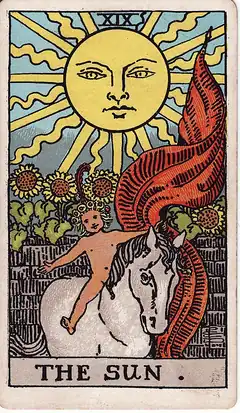 The Sun. A child on a white horse rides out from behind a garden wall of tall sunflowers under a huge sun with a face, holding a red banner.